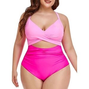 Eomenie Pink‎ One Piece Swimsuit Cut Out High Waist Size 2XL